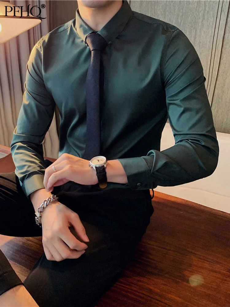 

PFHQ 2022 New Luxury Fashion Men's Solid Color Button Neck Long Sleeve Shirt Slim Fit British Business Casual Clothes 21Q1160