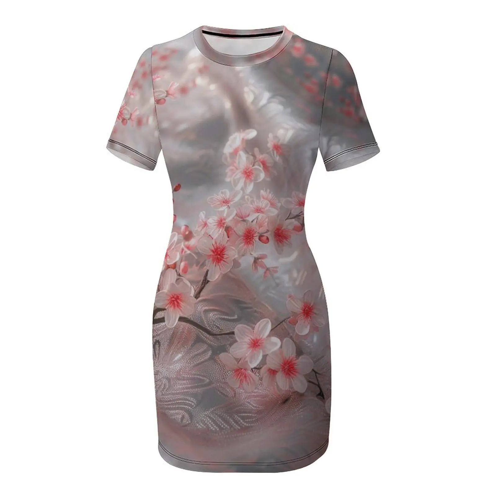 Белое атласное платье с короткими рукавами и цветами вишни платья для выпускного