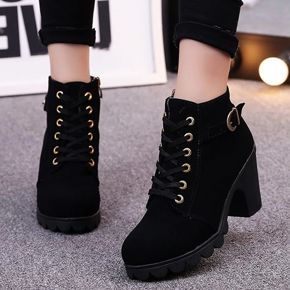 

2022 New Fashion Spring Autumn Solid Nubuck Ankle Boots High Chunky Heels Big Size 42 Casual Concise Style Women Work Shoes