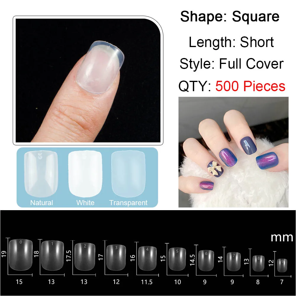 

500pcs/pack Short Full Cover Fake Nails Tips Squared Oval Nail Tips Natural/white/transparent False French Nail Art Salon Tips