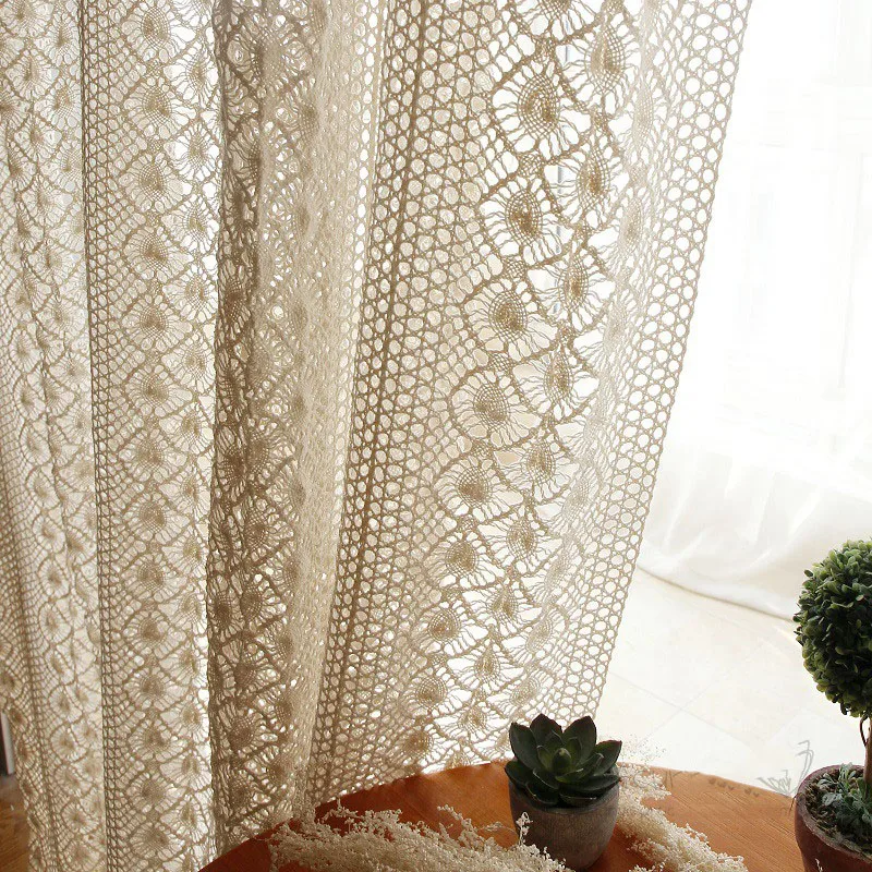 

American Country Phoenix Flower Cotton Linen Crochet Hollow Lace Curtain For Living Room Bedroom Villa Decor Beige Tulle Drapes4