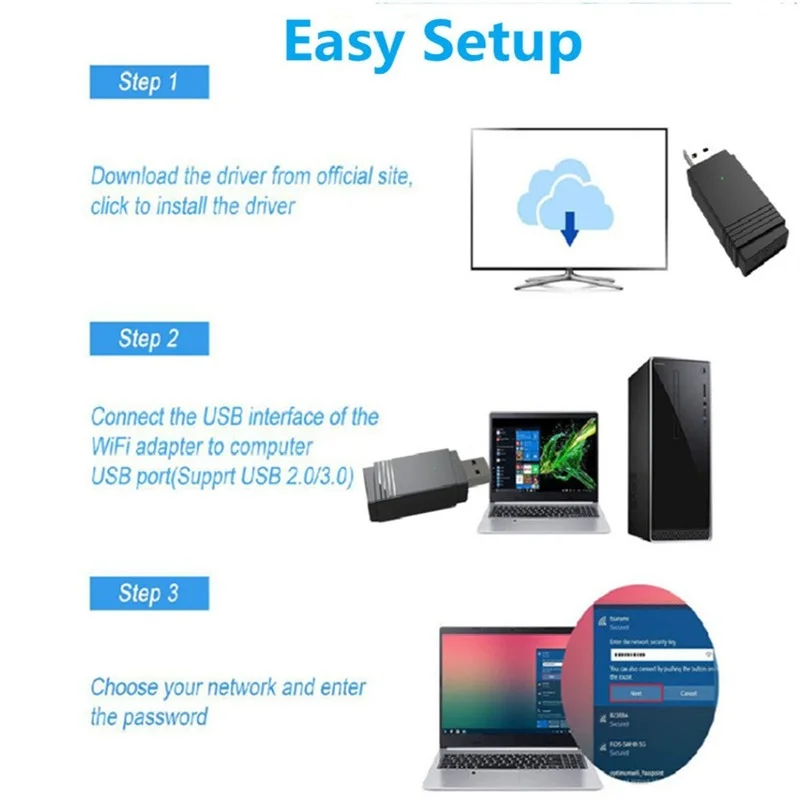 USB-адаптер GRWIBEOU 3 0 Wi-Fi 1200 Мбит/с 2 4 ГГц/5 8 ГГц Bluetooth 5 0/Wi-Fi |