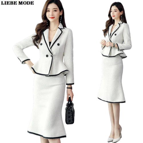 Womens Formal Suits Office Lady Work Wear 2 Piece Double Breasted Ruffle Blazer Long Skirt Set for Women Luxury Designer Outfits
