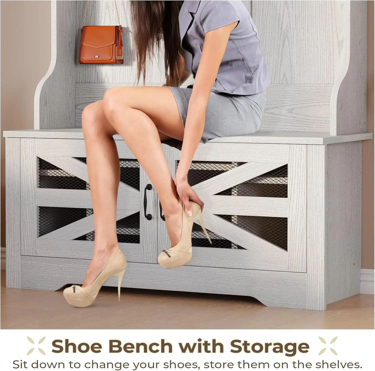 Дерево в прихожей с скамейкой и местом для хранения обуви скамейка 5 1 вешалкой