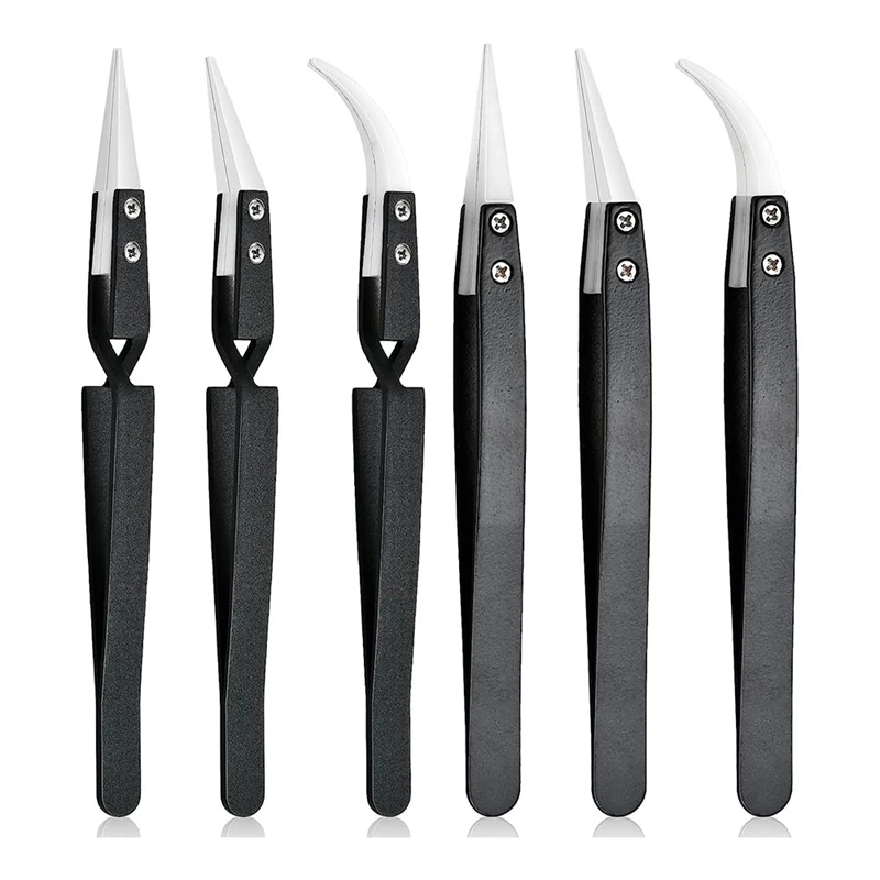 

6 PCS Precision Reverse Ceramic Tweezers Set Resistant Electronics Soldering Tweezers Anti-Magnetic Pointed For Solder A