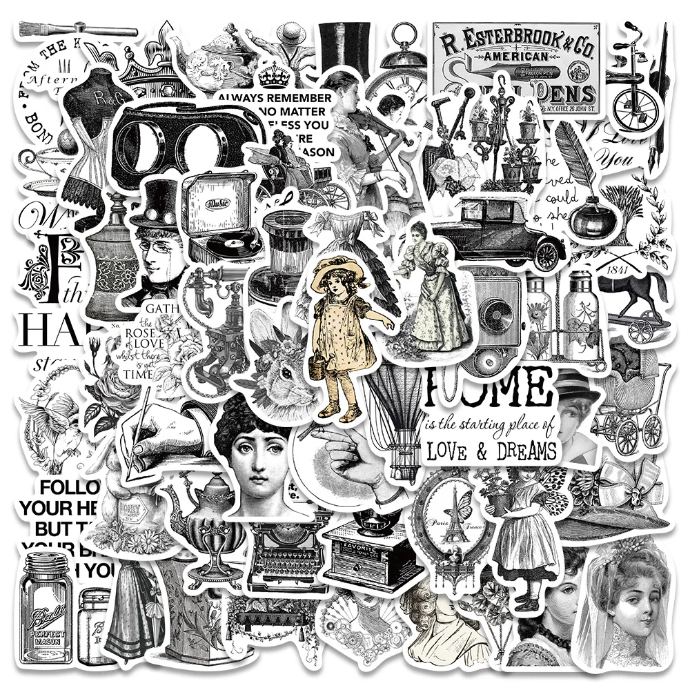 

10/60pcs Retro Black and White Aesthetic Stickers For Laptop Phone Notebook Luggage Waterproof Graffiti Bicycle Car Decals