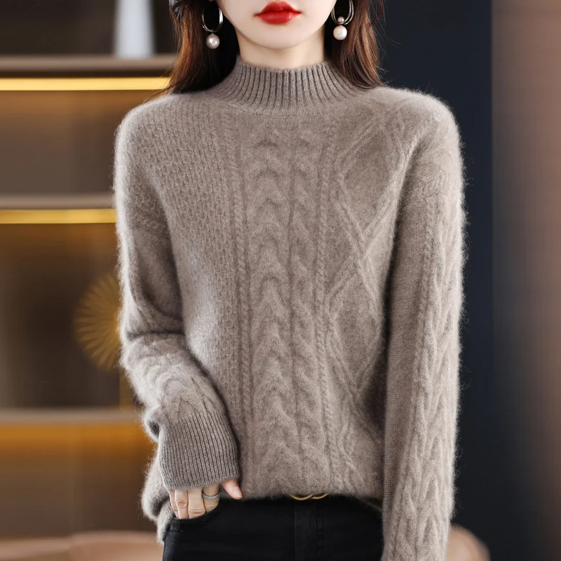 

Autumn Winter 100% Pure Wool Sweater Women's Half Turtleneck Loose All-match Knitted Pullover Korean Fashion Bottoming Shirt Hot