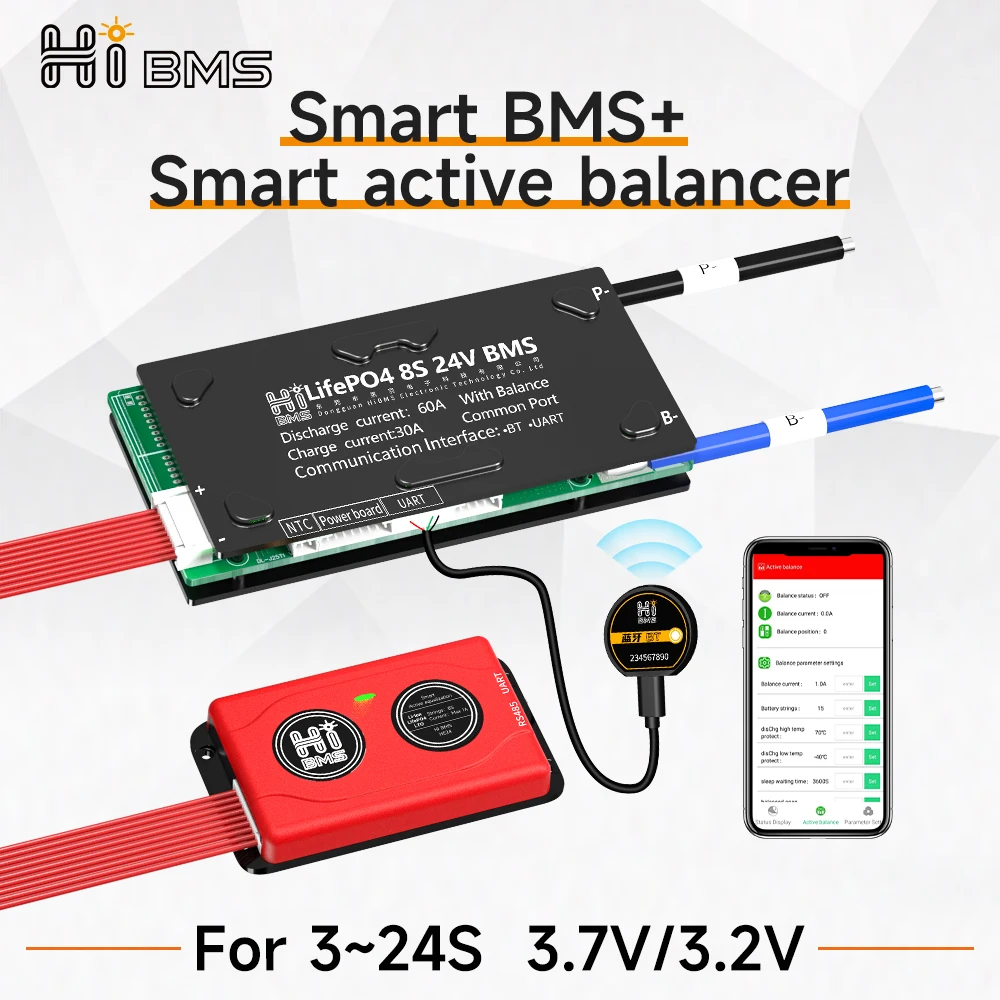 HIBMS Smart BMS 4S Lifepo4 BMS 8S 24V 16S 48V Active Balancer Lifepo4 Active Equalizer BMS Protection Circuit RV Solar Inverter