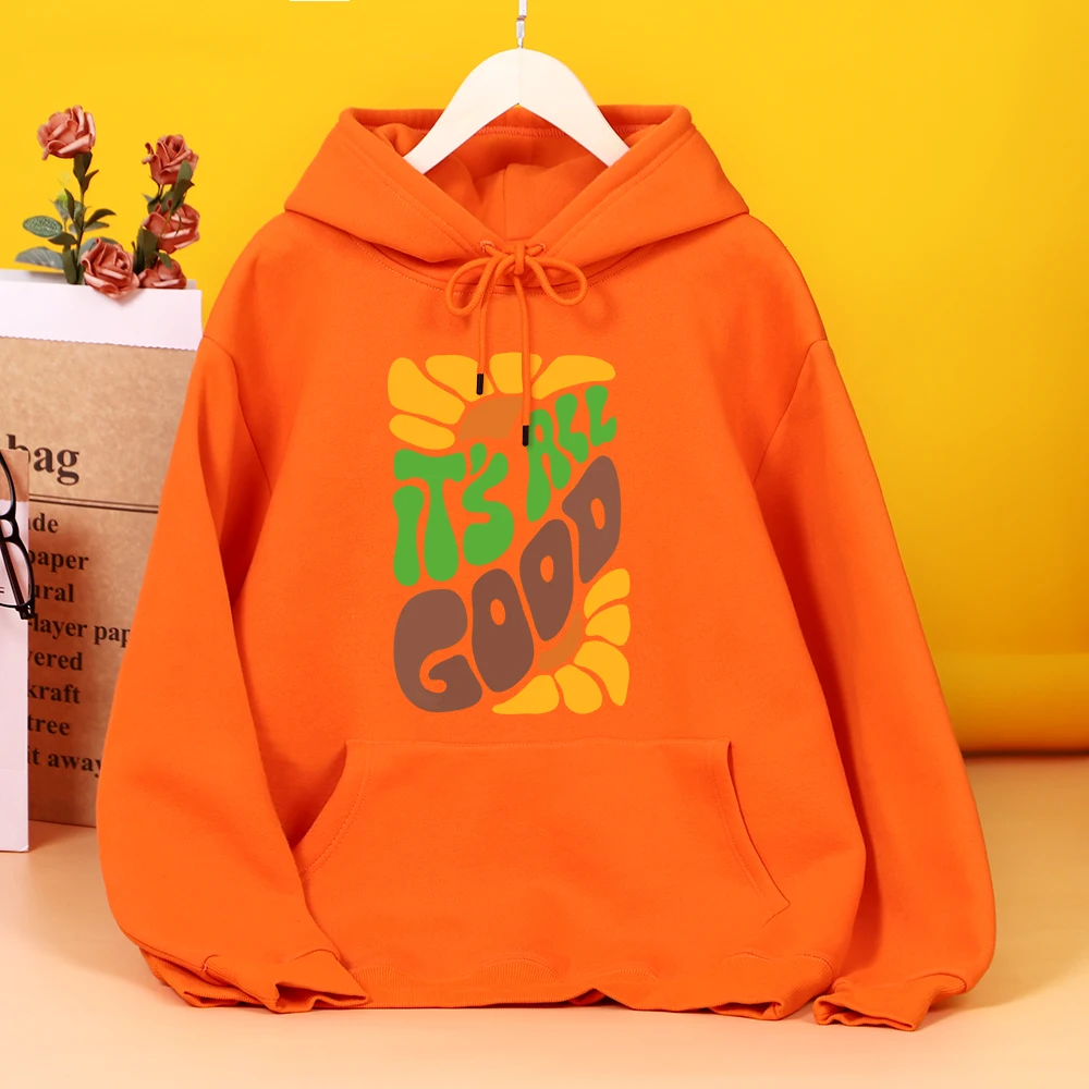 

It's All Good Sunflower Printing Hoodie Women's Simplicity Zipper Hooded Street Loose Hoodies Hipster Fleece Streetwear Female