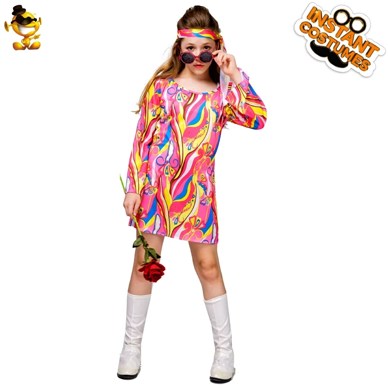 

Girls 60s 70s Hippie Dress Costume Halloween Cosplay Dress Party Children's Flower Colorful Party Costume for Party Cosplay