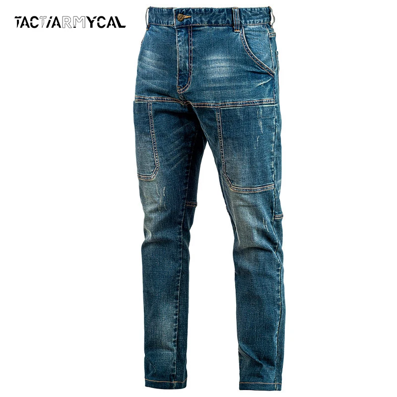 Tactical Jeans Men Cargo Pants Casual Straight Jeans Men's Autumn Military Tactics Multiple Pockets Blue Dimim Jeans Trousers