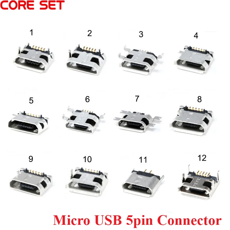 10Pcs Micro USB 5pin Connector Female Socket USB Type B Port 12 Models SMD DIP Socket Connector Plug For Android Phone Connector