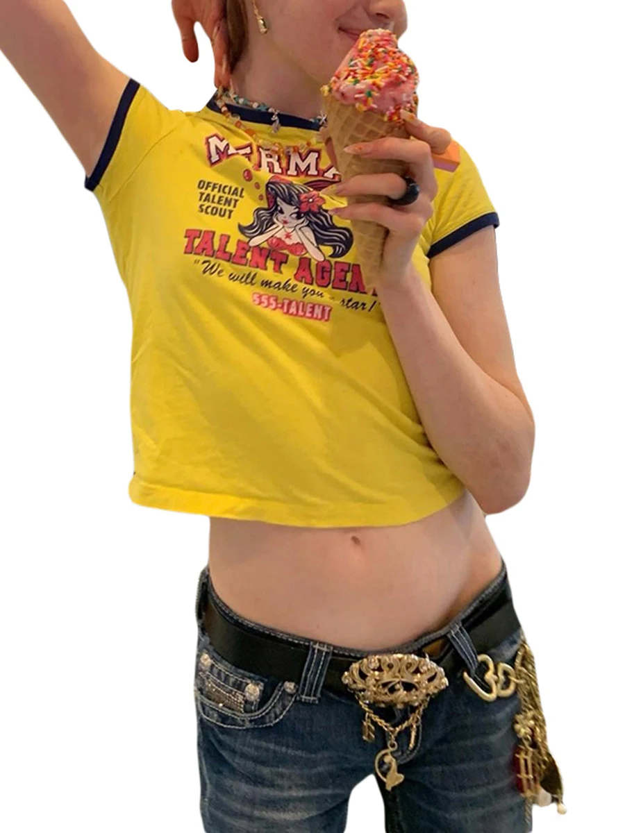 

Combhasaki Women Wild Y2K Streetwear Bodycon T-shirt Contrast Color Mermaid Letter Printing Round Collar Short Sleeve Pullover