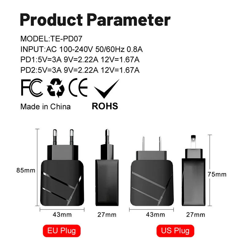 Зарядное устройство PD с 2 портами USB Type-C, 40 Вт, адаптер для iPhone 14, 13, 12, Xiaomi, Samsung, Huawei, QC 3,0, зарядное устройство USB C для быстрой зарядки (art.: 3920c32139775) - 3920c32139775