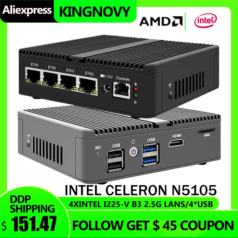 

Новые Чехлы, мягкий роутер с синей платой Celeron N5105, 4 * Intel I225 2,5 GbE Nics 2 * DDR4 NVMe, брандмауэр, устройство pfSense, мини-ПК