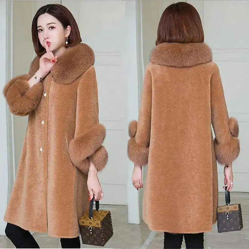 2022 Winter Women's Thick Warm Faux Mink Fur Outerwear Middle Aged Female Faux Fur Coats with Fox Collar Oversized Elegant Lady