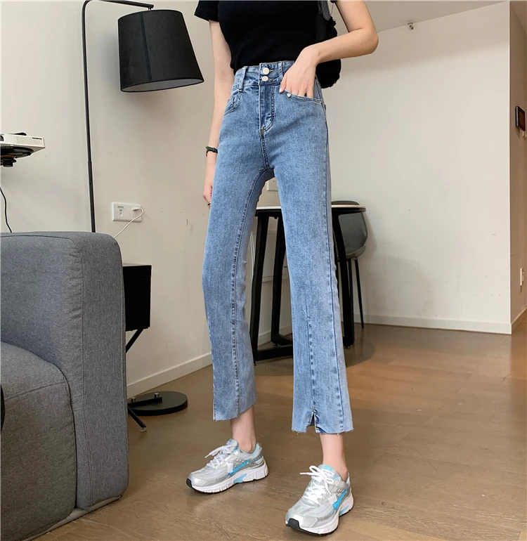 

DD2028 Slit jeans women's new micro flared pants small high waist nine points pencil pants jeans