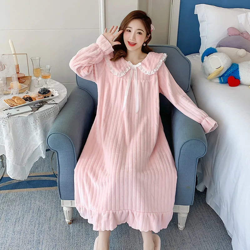 Winter Warm Women Fashion Coral Fleece Pajamas Drees Solid Color Cute Long Nightdress