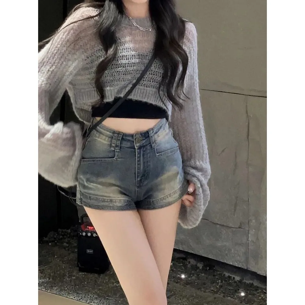 Женские джинсовые шорты с открытой промежностью невидимые штаны из денима