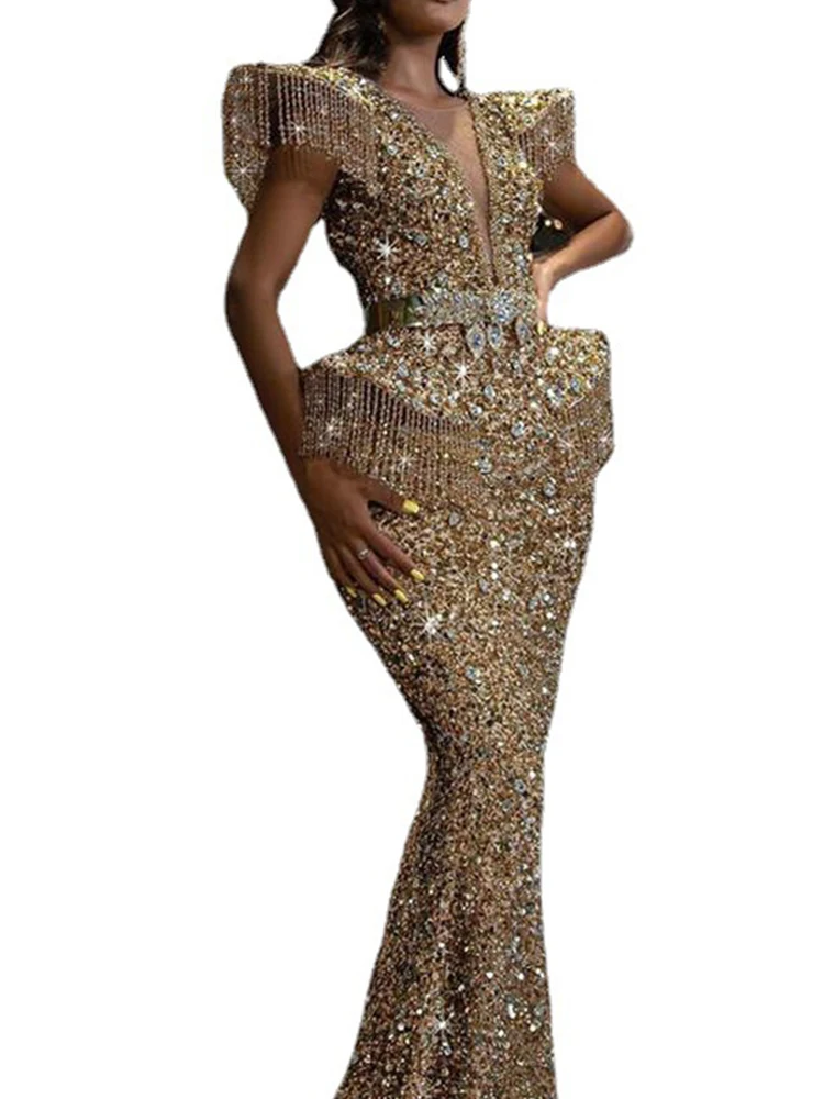 PLEINDI Luxurious Evening Dresses V-Neck Sleeveless Mermaid Sequin Floor-Length 2022 New of Sequined Classic Prom Dress Women