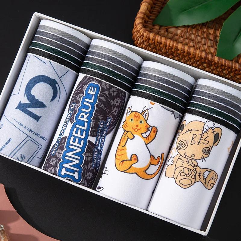 

4pcs/Lot Men's Underwear Men's Cartoon Printing Shorts Funny Trend Shorts Soft Milk Silk Breathable Comfortable Underpants Men