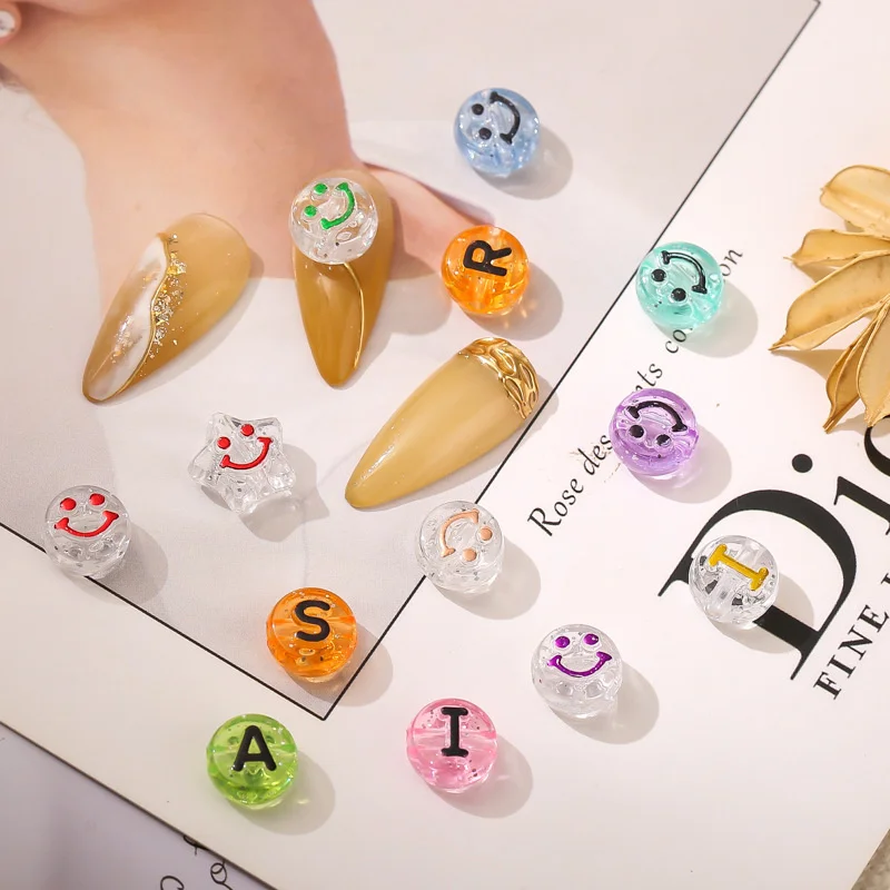 

20pcs Smiley English Letter Nail Charms Transparent Rhinestone Accessories For Nails Pentagram 3D DIY Manicure Parts Supplies