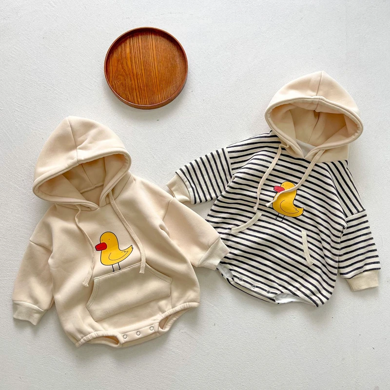 

Toddler Baby Boy Romper Winter Striped Cartoon Duck Print Girl Hooded Bodysuits for Infants Thick Warm Cute Kids Girls Clothes