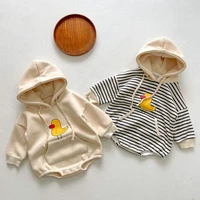toddler baby boy romper winter striped cartoon duck print girl hooded bodysuits for infants thick warm cute kids girls clothes