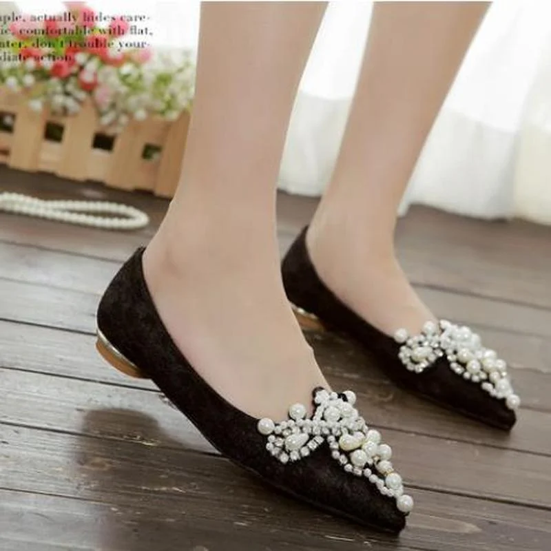 

New Crown Pearl soft Flats Wedding Shoes Pointed Toe Women Dress Moccasins Low Pearl Heel Ladies Fashion Luxury plus size 43
