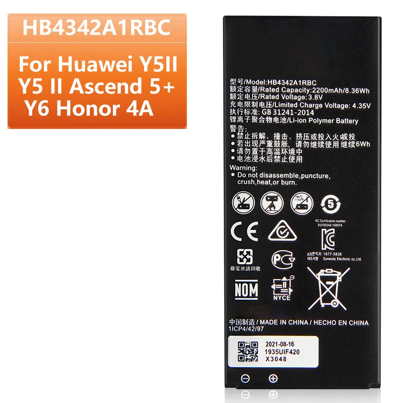

Replacement Battery HB4342A1RBC Huawei Y5II Y5 II Ascend 5+ Y6 Honor 4A SCL-TL00 Honor 5A LYO-L21 7.9 Phone Battery 2200mAh