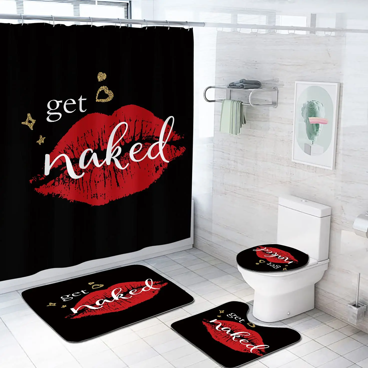 Фото Наборы занавесок для душа Get Naked с нескользящим ковриком, крышка для унитаза, коврик для ванной, сексуальные губы, набор занавесок для ванной комнаты, красный поцелуй, водонепроницаемый №1