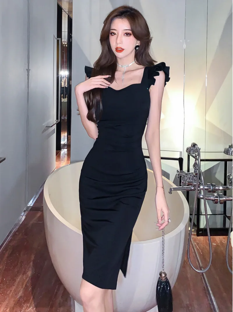 

2023 Summer Women's New Sexy High Street Spicy Girl Advanced sense Fashion Slim Solid Color Wrap buttocks Mid length Dress P9UM