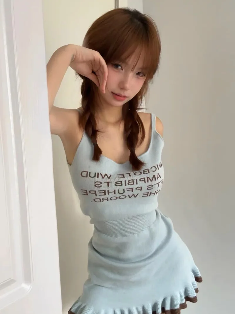 

Square Collar Slim Waist Summer Vestidos Blue Letter Knitted Dresses Bodycon Y2k Camisole Dress Ruffles Women Korean Hotsweet