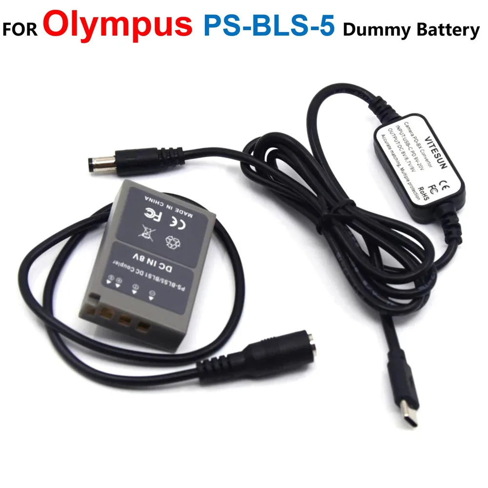 

PS-BLS-5 DC Coupler BLS5 Dummy Battery+USB Type-C PD Cable For Olympus PEN E-PL7 E-PL5 E-PM2 Stylus1 1S OM-D E-M10 E-M10 Mark II