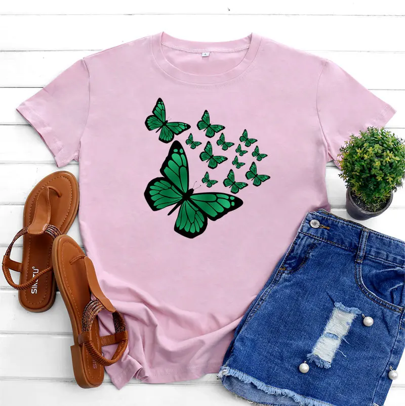 

Summer Shirt Women Butterfly Graphic Print TShirt O Neck Short Sleeve 100%Cotton Tee Female Casual Tops Fashion Clothing