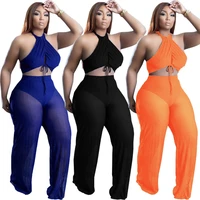 dn8675 ladies sexy two piece summer streetwear solid color chiffon pleated perspective halter tank top pants sports suit women
