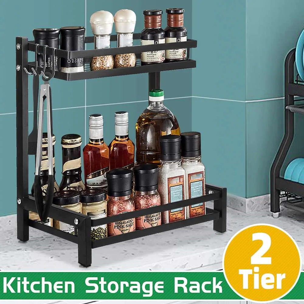 

2 Layers Kitchen Organizer Storage Spice Racks Stainless steel Shelves Utensil Spoon Hanger Hook Kitchen Accessories Supplies