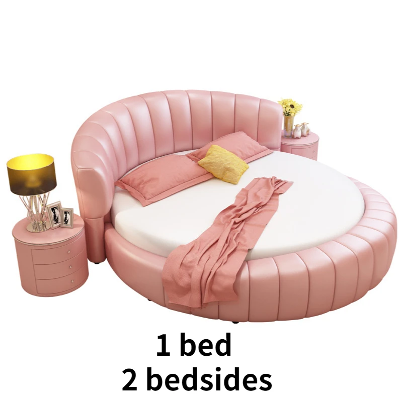 

Romantic luxury round bed double leather bed European modern simple theme hotel wedding bed master bedroom Princess double bed