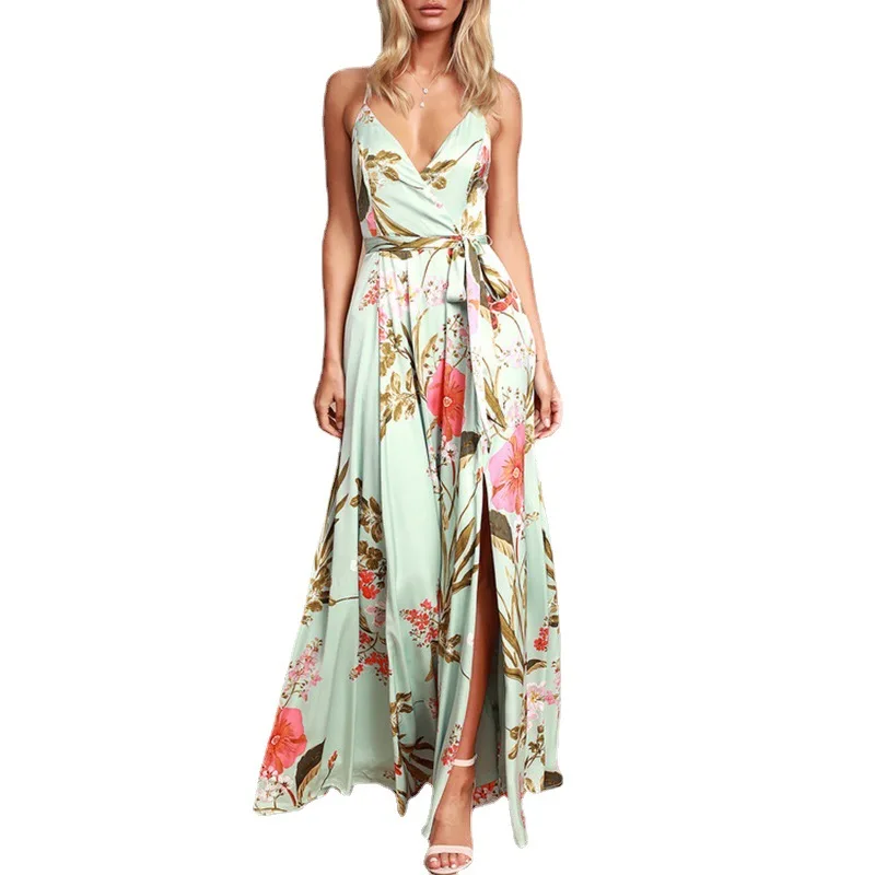 

Sexy Sling Dress Fashion Womens Slim Long Dress Print Casual Wrap Chest Open Back Beach Dress 2022 Summer Elegant Ladies Clothes