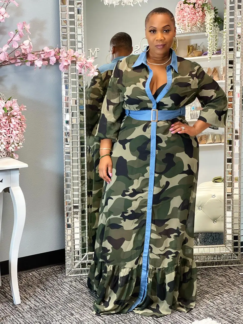 

European American plus size fat woman camouflage printed long sleeved floor length shirt skirt LOOSE Turn-down Collar dresses