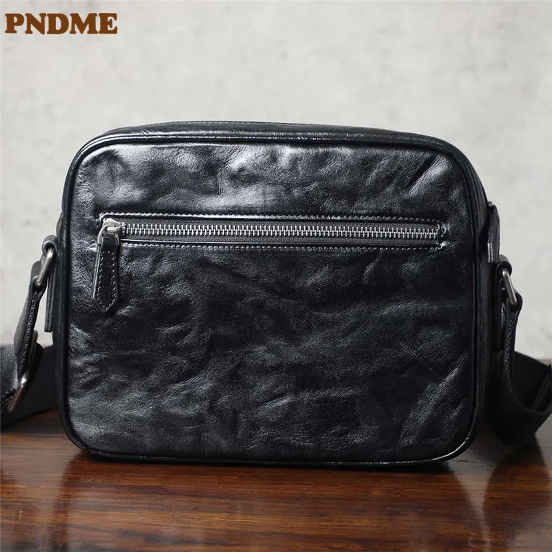 PNDME casual luxury genuine leather men's black messenger bag outdoor weekend daily natural first layer cowhide shoulder bag
