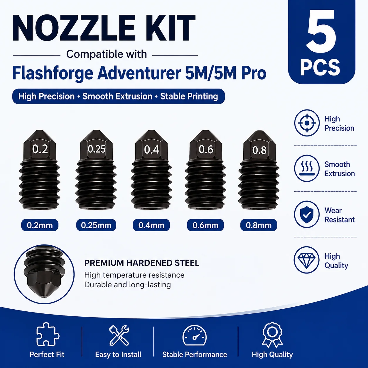 Фото Для Flashforge Adventurer 5M (AD5M) комплект хотэндов: латунное сопло и сопло из закаленной стали, размеры отверстий: 0.2мм / 0.25мм / 0.4мм / 0.6мм №2
