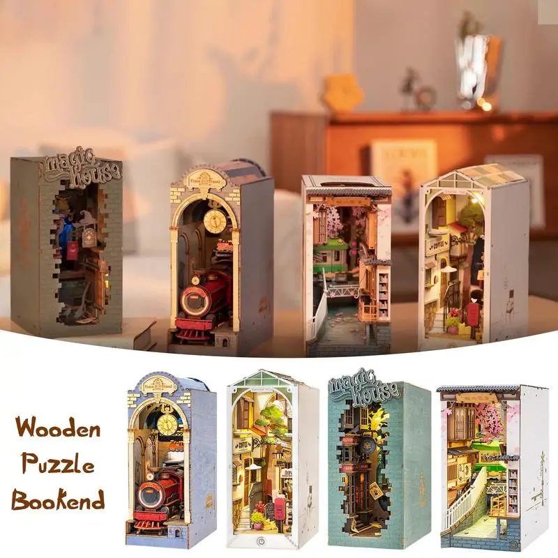 

3D Wooden Bookend Diorama Miniature Kit Crafts DIY Book Corner Kit Christmas Hobbies Gifts For Adults Teenagers Children