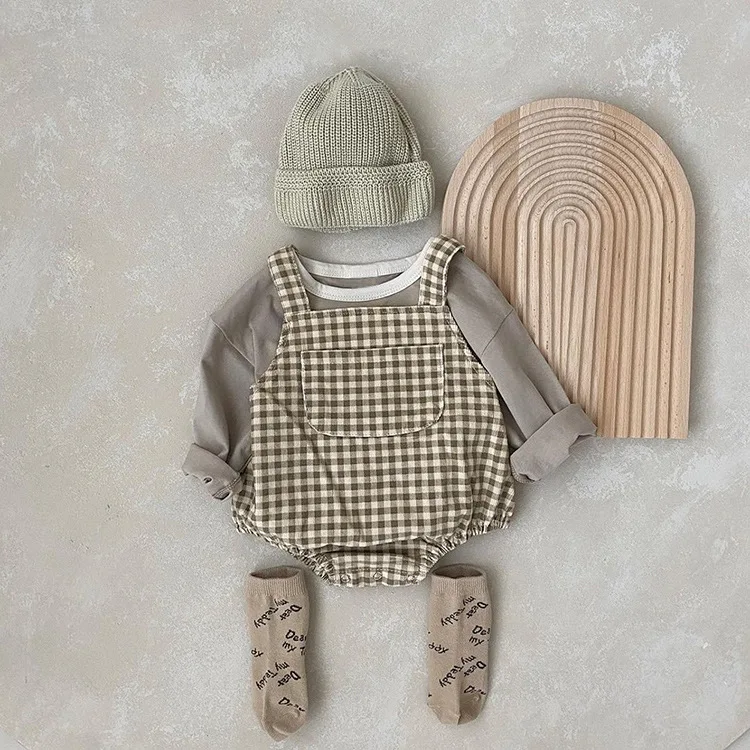 RiniKinda 2022 Autumn Baby Romper Asual Baby Sleeveless Suspender Trousers Plaid Jumpsuits Toddler Playsuit One Piece