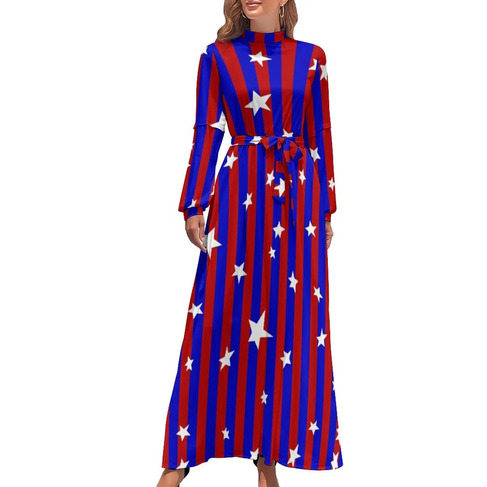 

Сине-красное платье в полоску, Стильные пляжные платья с принтом звезд, женское длинное платье макси с длинным рукавом и высокой талией