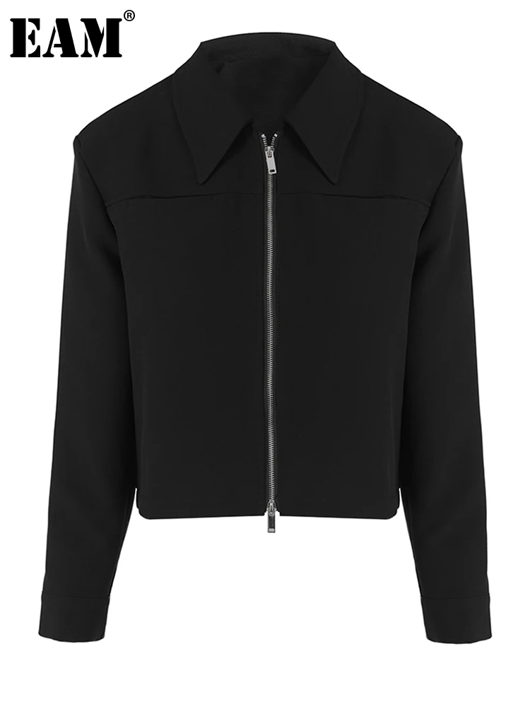 

[EAM] Loose Fit Black Zipper Big Size Casual Jacket New Lapel Long Sleeve Women Coat Fashion Tide Spring Autumn 2023 1DF6344
