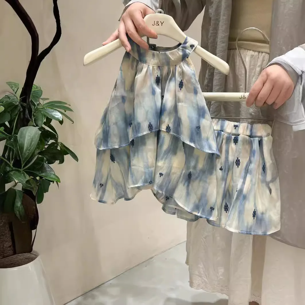Одежда для девочек костюм 2024 летняя шифоновая рубашка без рукавов шорты новый