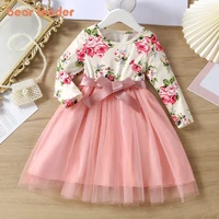 bear leader dress for girls 2022 spring autumn new rose printing bow long sleeve patchwork mesh dress clothing vestidos 3 7years