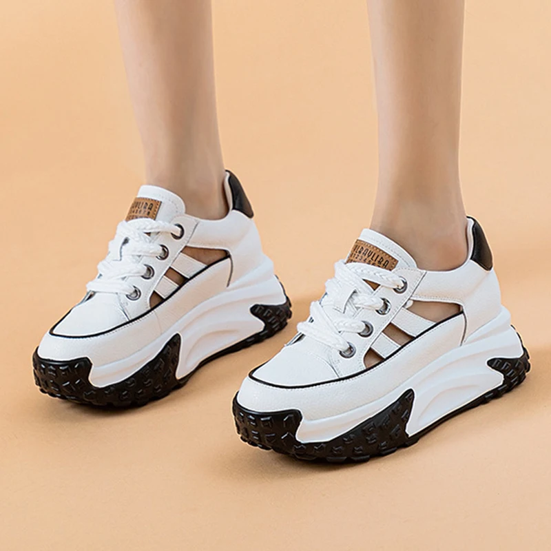Hollow Chunky Sneakers Fashion 7cm Genuine Leather Women Vulcanize Sandles New Female Summer  Comfy Lace Up Fashion Ladies Shoes