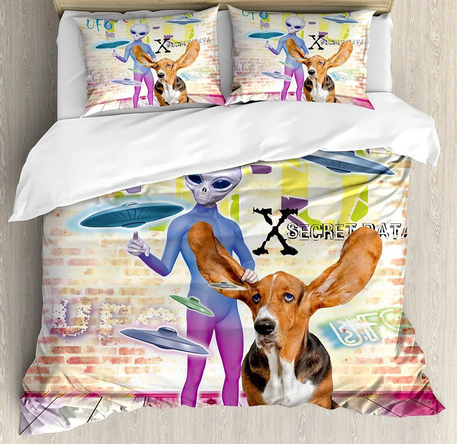 

Outer Space Bedding Set Alien and Cute Dog with Giant Ears 3pcs Duvet Cover Set Bed Set Quilt Cover Pillow Case Comforter Cover